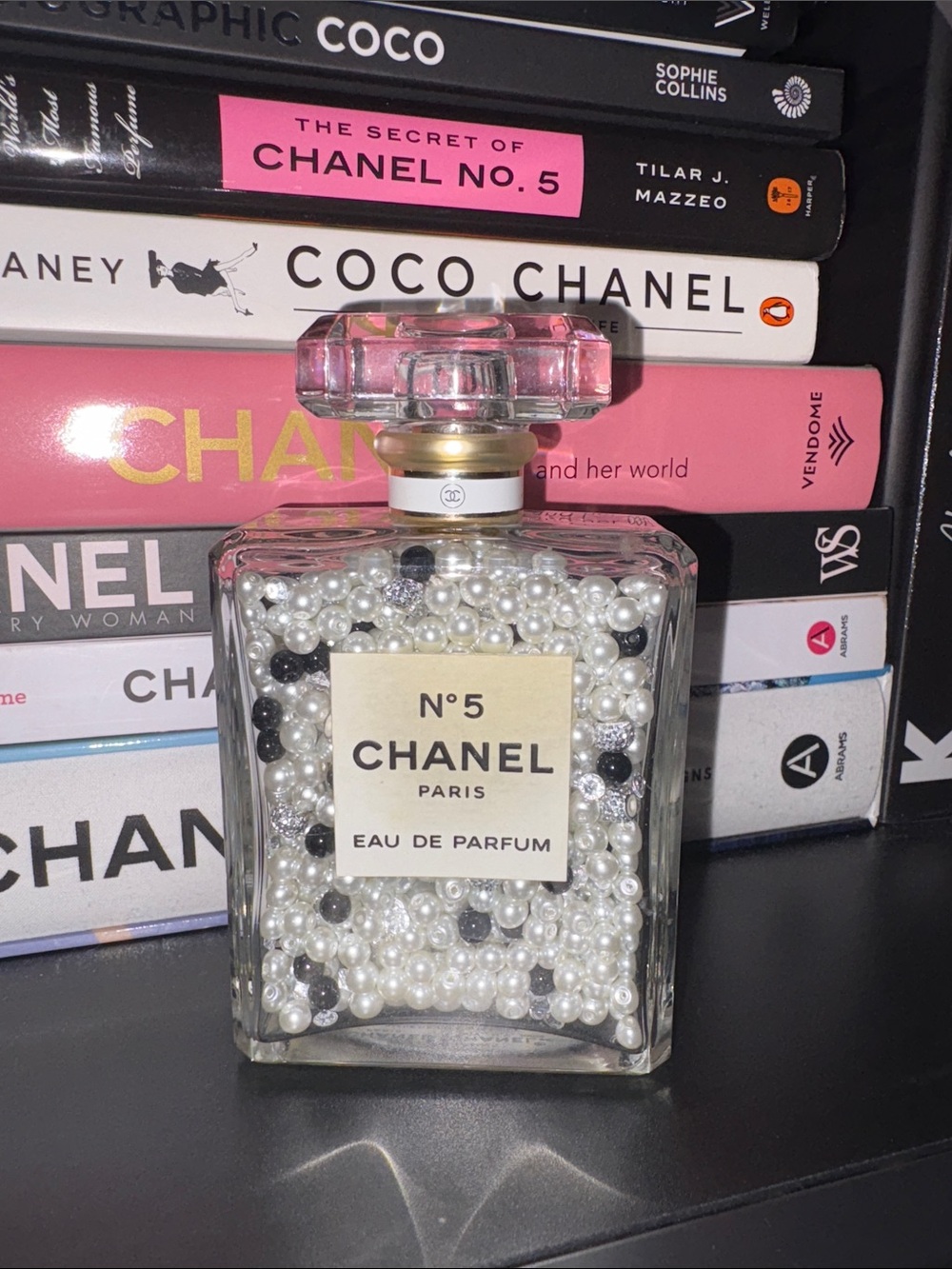 CHANEL N°5 Glass Bottle with White and Black Pearl Fill